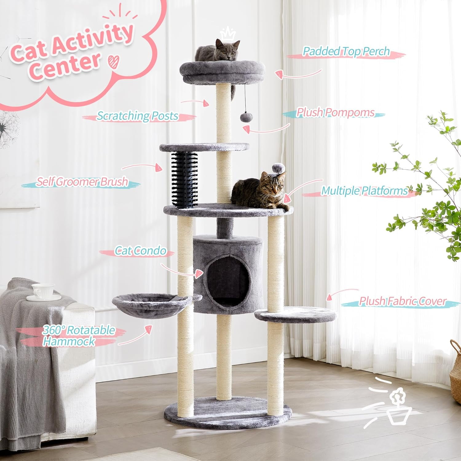 4 PETS Cat Tree for Indoor Cats, 60.2 inch Tall, 5-Level, Modern, Grey, Sisal Scratch Posts, Cat Condo with Hammock, Cat Tower for Large Breeds