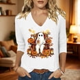 thumbnail image 5 of JOANKDMI Spooky Chic Ghost Drinking Coffee Graphic Tee Women V Neck Long Sleeve Halloween Outfit Cute Pumpkin Print Casual Top for Trick-or-Treat Party Dress Up, 5 of 5