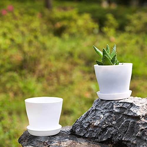 10 Pcs Plastic Planters Indoor Flower Plant Pots, Mini Flower Seedlings Nursery Pot/Planter/Flower Pot with Pallet, Modern Decorative Gardening Containers (White25)