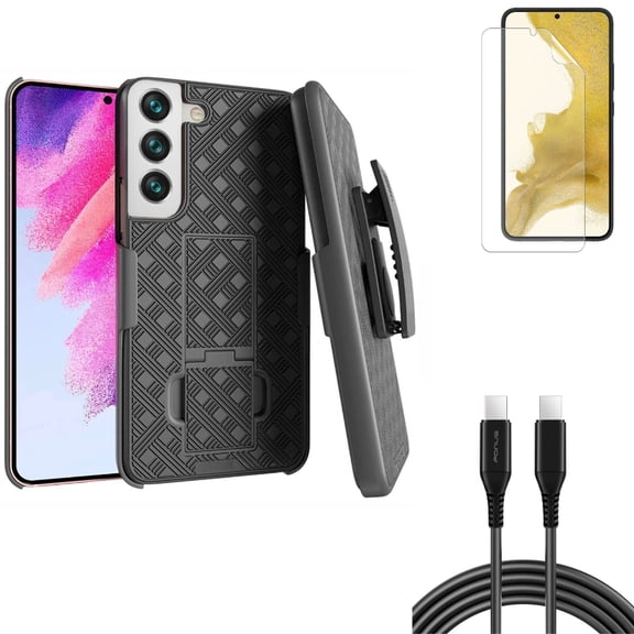 Case Belt Clip & Matte Screen Protector & 10ft Long USB-C Cable for Samsung Galaxy S22 (6.1") - Holster Swivel & TPU Film Anti-Glare & PD Fast Charger Cord Power Accessory Bundle