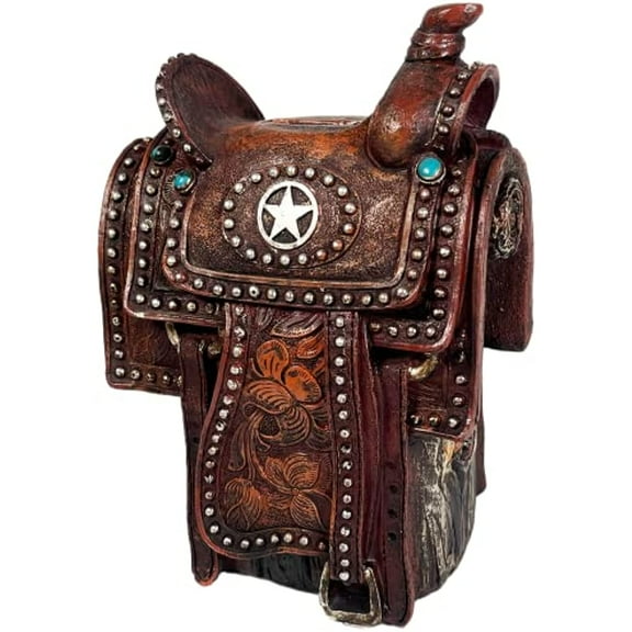 Urbalabs Western Cowboy Trilby Bullet Hat and Silver Star Saddle Coin Banks Decorative Cowboy Boots Resin Banks Home Office Rustic Decor Country Living (Silver Star Saddle)