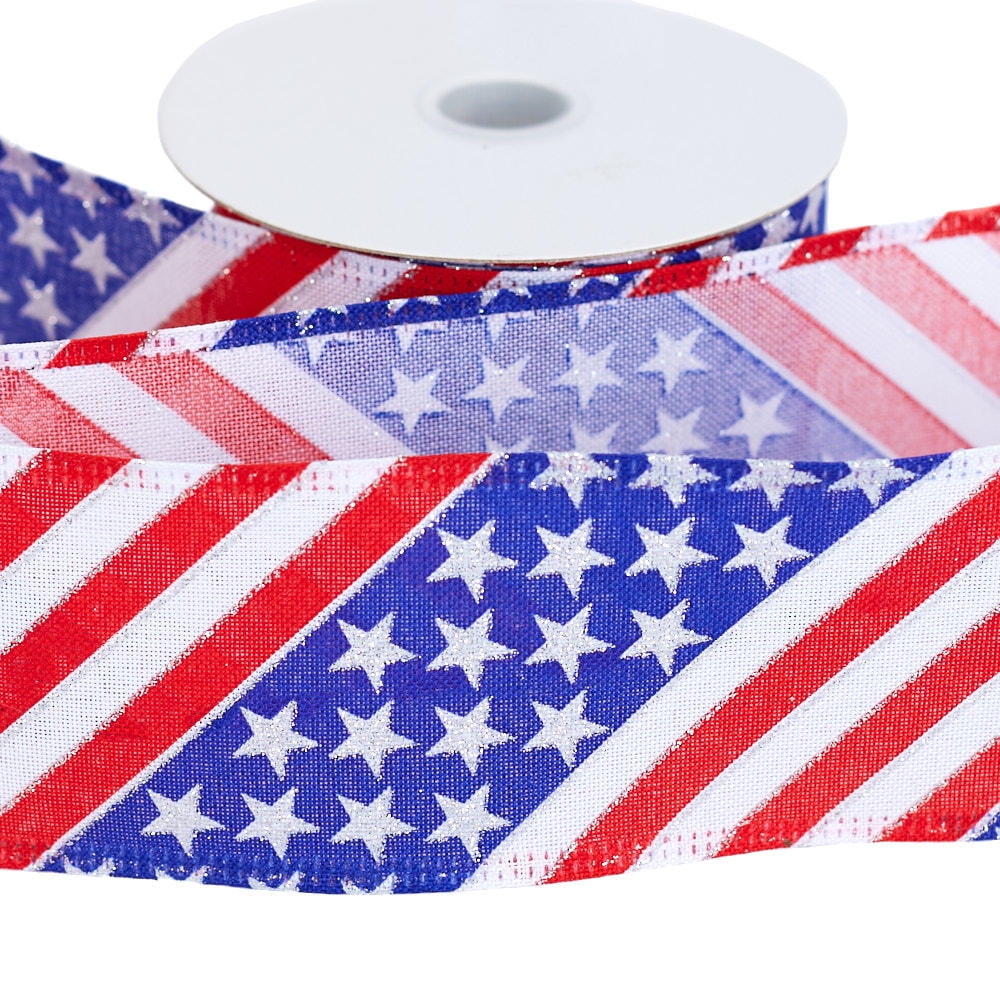 Red, White, and Blue Stars and Stripes Wired Edge Ribbon With Silver Glitter Accents - For 4th of July, Memorial Day, Veteran's Day and Everyday Decor