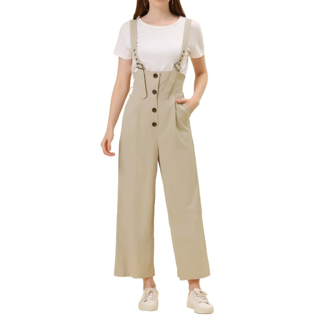 INSPIRE CHIC Women's Button Front High Waist Belted Straight Fit Overall Jumpsuit S Beige