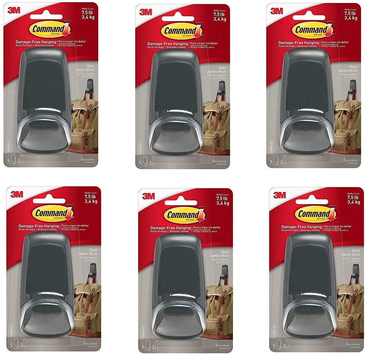 Command Jumbo Hook, Slate, 6Hooks (17088SES)