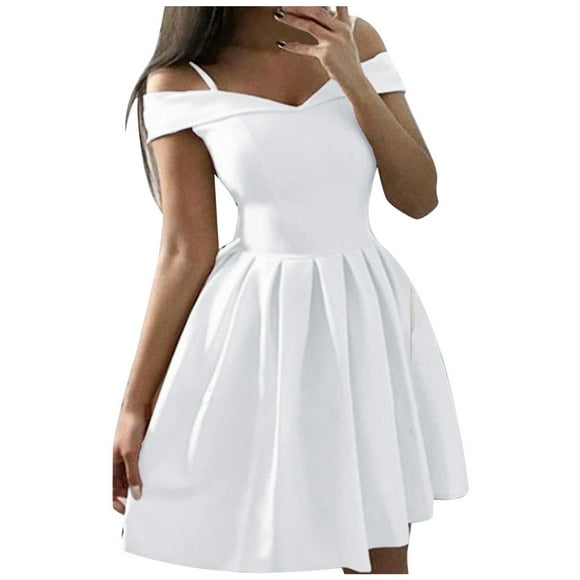 Sundresses for Women 2025 in Clearance Women's off the Shoulder Satin Waist Pleated Dresses Short a Line Cocktail Prom Party Gowns with Pockets Short Summer Dresses New White S