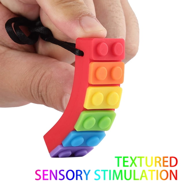 5 piezas de mordedor para bebé, collar para masticar con forma de ladrillo de arcoíris, mordedor de silicona para bebé, juguete masticable sensorial para autismo, juguetes masticables para niños