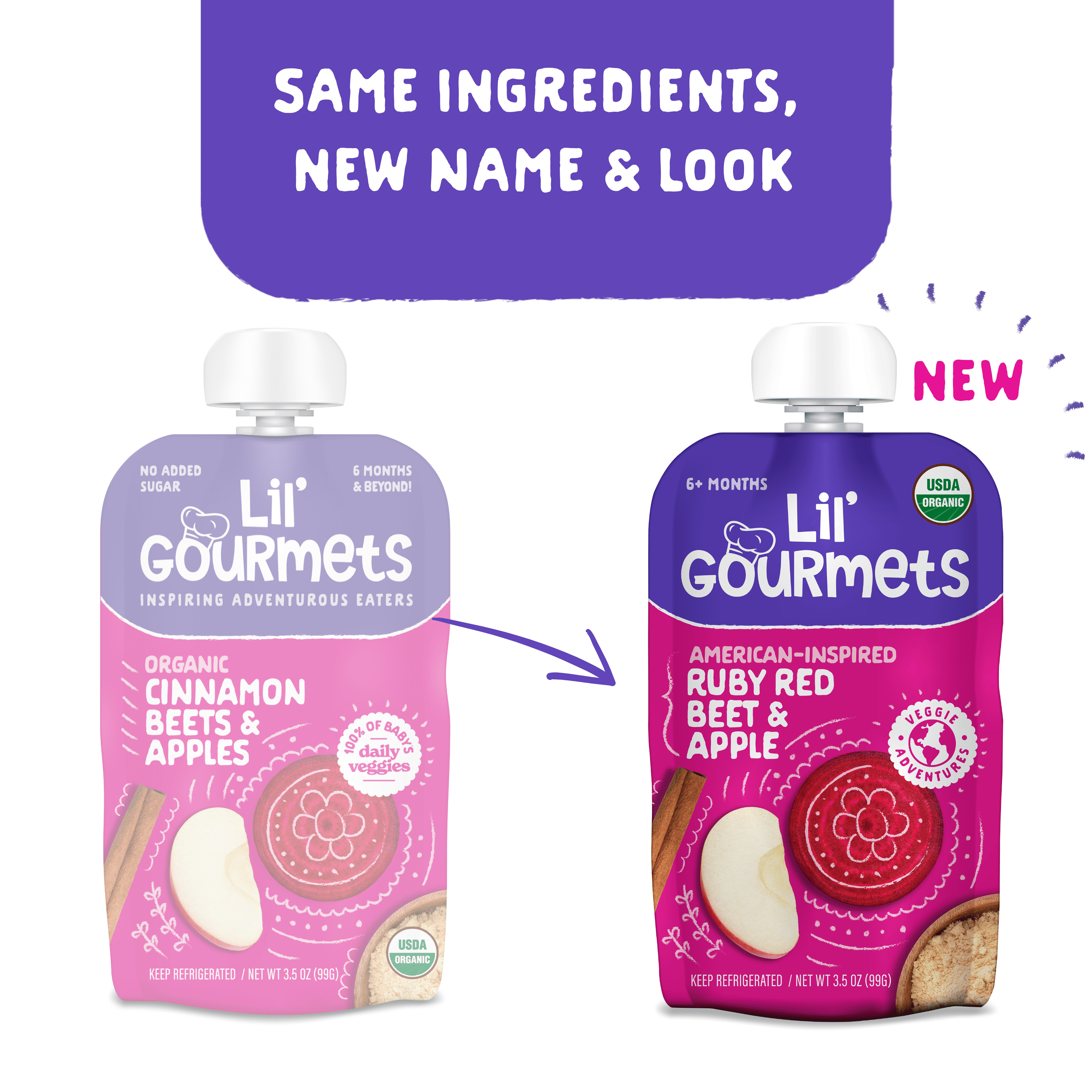 Lil’ Gourmets Refrigerated Stage 2 Baby Food, American-Inspired Ruby Red Beet & Apple, 3.5 oz Pouch