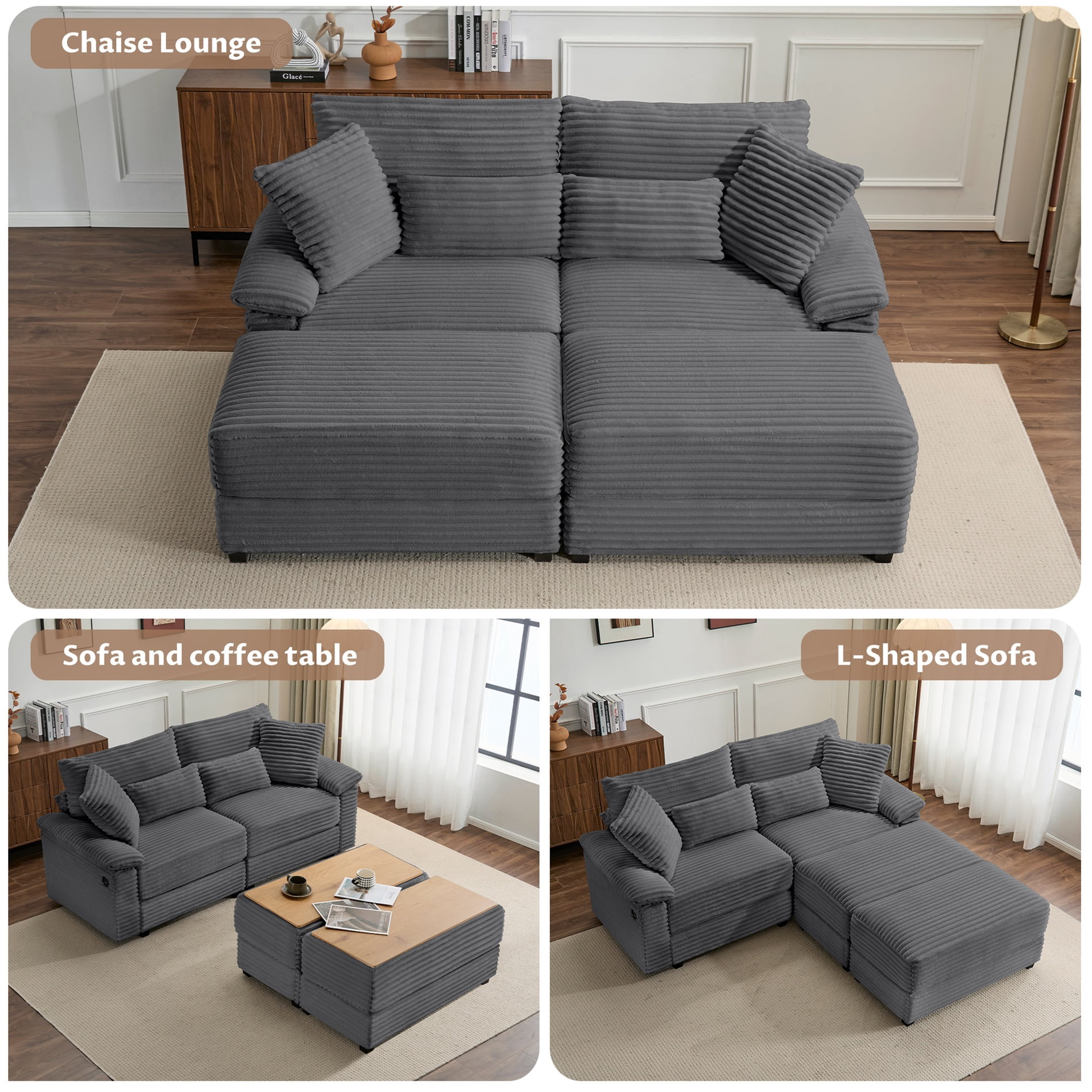 Alvantor 74" Sofa Loveseat with Reversible Ottoman & USB Port Corduroy Chaise Couch for Living Room Drak Gray