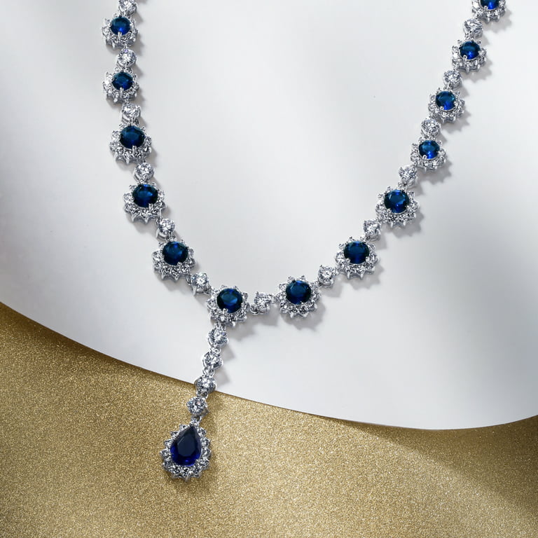 Royal Blue Crown Set Imitation Sapphire CZ Y Statement Necklace