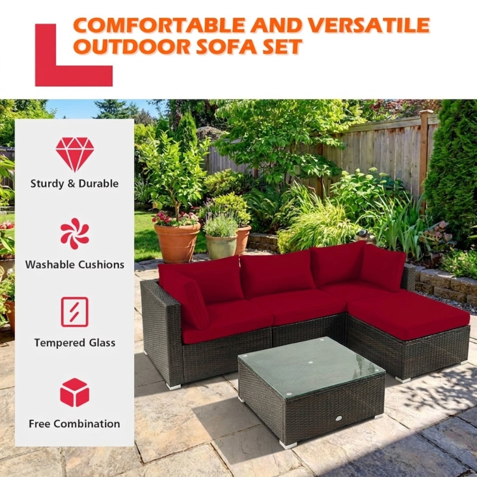 Furnibear 5 Piece Cushioned Patio Rattan Furniture Set with Glass Table, Outdoor Wicker Conversation Set with 4 Chairs for Garden Backyard, Red