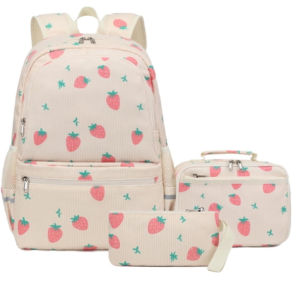 Set de mochilas escolares Octsky de pana beige fresa, 43 x 31 x 15 cm