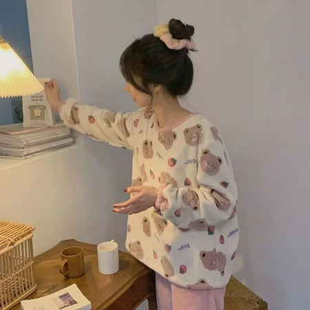 

Autumn Winter New Warm Flannel Women s Pajamas Set Long-sleeved Trousers Two-piece Set Cute Soft Home Wear Clothes for Women