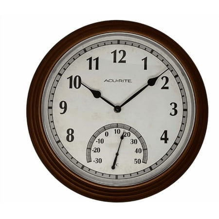 AcuRite 02368CAL: 13.5-Inch Indoor/Outdoor Round Analog Clock & Thermometer, All-Weather Frame, Copper Finish, Quartz Timekeeping