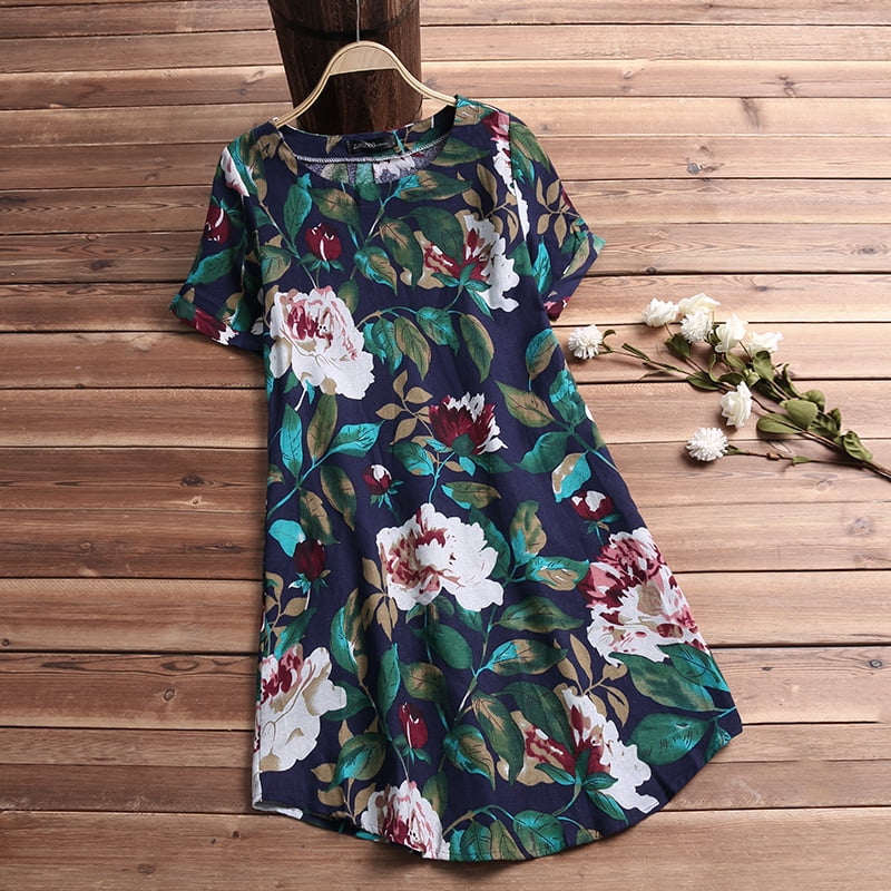 ZANZEA Women Fashion Round Neck Short Sleeve Floral Printed Cotton