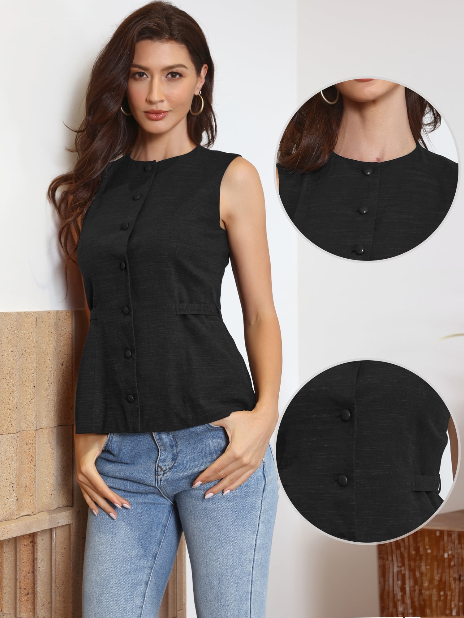 DARING DIVA Women's Stylish Linen Sleeveless Crew Neck Button Down Waistcoat XL Black