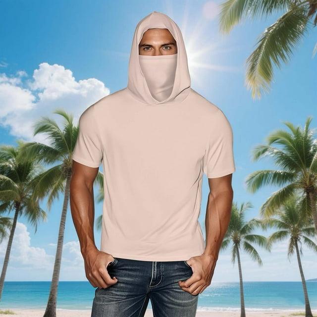 Women Tops Summer Ndbuld UNISEX Summer Casual Solid Color Short Sleeve Hooded Ice Silk Sunscreen Cool Sun Protection Lightweight Tops With Face Mask Clearance Under 10,Pink,XL
