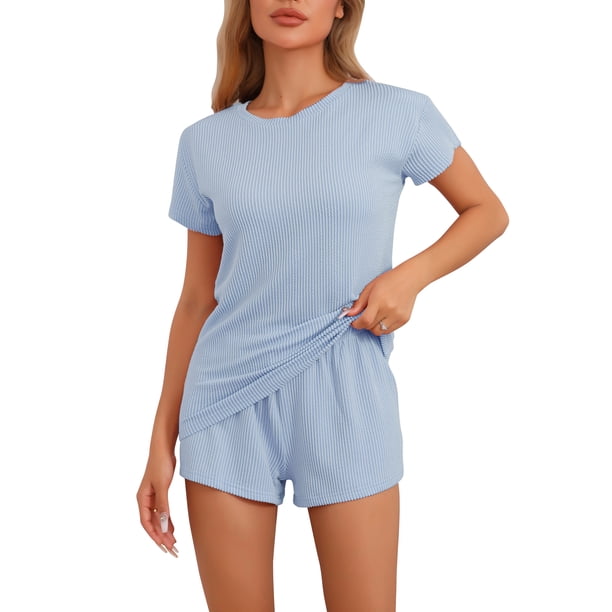 INSPIRAR CHIC Pijamas de Mujer con Mangas Cortas y Pantalones Cortos de Cintura Elástica Conjunto de Ropa de Casa 2XL Azul