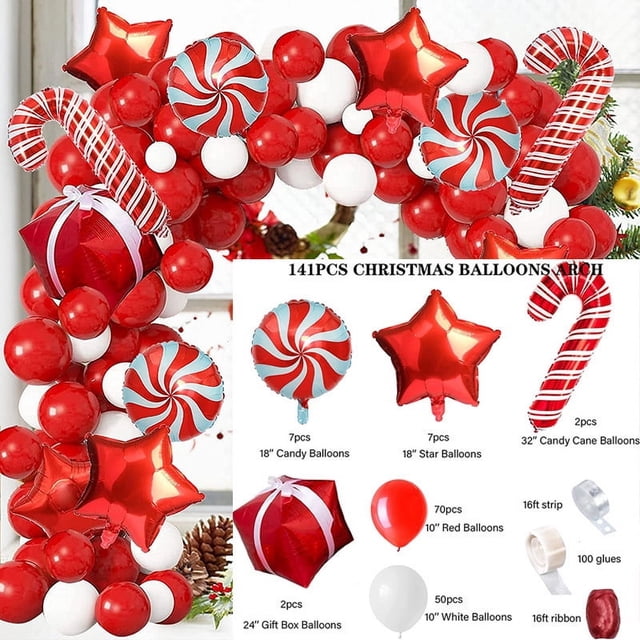 Kit Arche Guirlande de Ballons de Noël, Ballons Verts Rouges Blancs Dorés avec Ballons en Forme de Canne de Noël Motif Père Noël Explosion Étoile Ballons en Aluminium