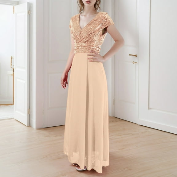 Women's Summer V Neck Sequined Chiffon Panel Evening Gown Long Dress Elegant Evening Dress Fashion Party Bridesmaid Dresses Maxi Dress with Sleeves Tie Waist Midi Dresses for Women Woman Dresses Short
