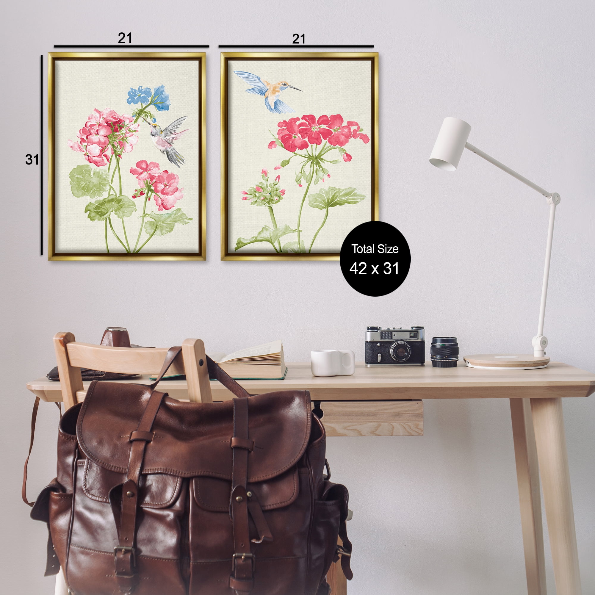 Stupell Industries Pink Geranium Hummingbirds Plants & Flowers Painting Gold Floater Framed Canvas Art Print Wall Art, 21 x 31, Set of 2