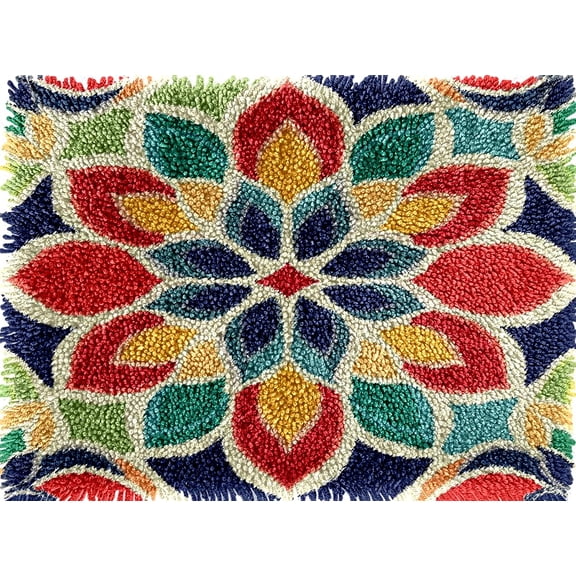 Vintage Mandala Flower Pattern Colorful Latch Hook Rug kits Pre-printed Crochet Yarn DIY Hooking Latch Kit Carpet Rug Cover Mat for Christmas Chair Cushion Floor Decoration 60x40cm(4)