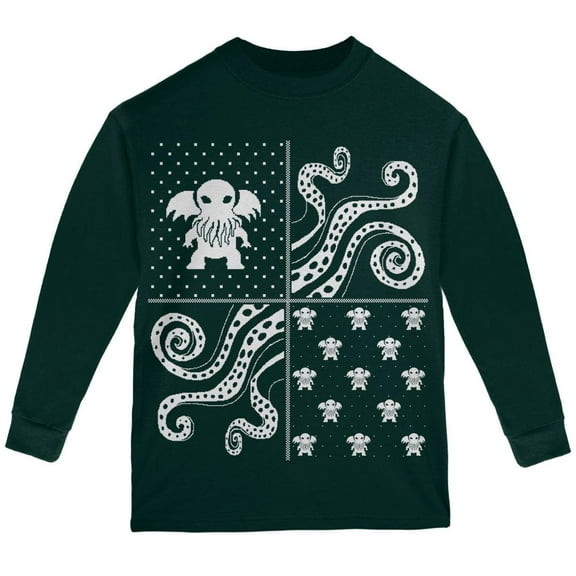 Cthulhu Lovecraft Dimensions Ugly XMAS Sweater Forest Youth Long Sleeve T-Shirt - Youth Small