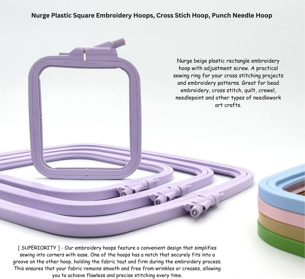 Nurge 4-Piece Square Embroidery Hoop Set, ABS Plastic, Multi-Size, Lilac