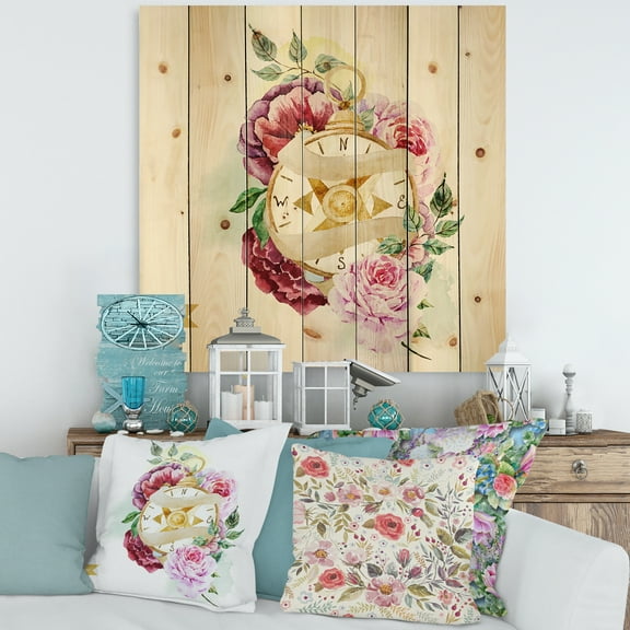 Designart 'Compass Among Flowers' Traditional Print on Natural Pine Wood
