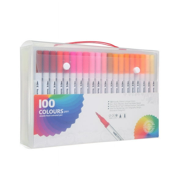 Zhuge Dual Tip Brush Pens (100 Colors), Double Ended Watercolor Pen Set with Water Based Highlighters & Fine Line Markers, Ideal for Outline Work, Artistic Drawing, White pole