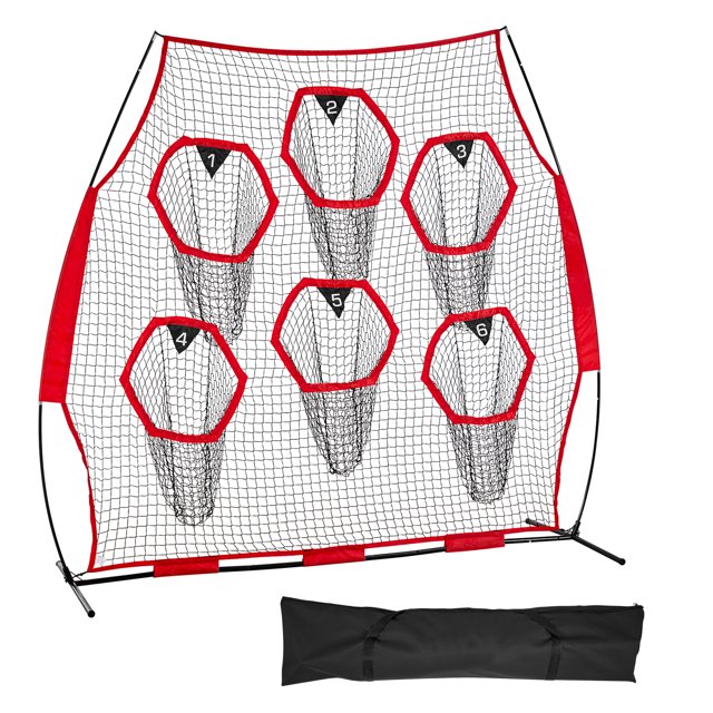KFFKFF 8 x 8 ft Football Trainer Throwing Net, Training Throwing Target Practice Net with 6 Target Pockets, Knotless Net Includes Straps and Portable Carry Case, Red