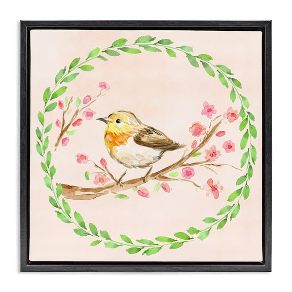 Stupell Industries French Country Spring Wreaths Bird Black Floating Frame Canvas Art, 18 x 18, by Elena Fay