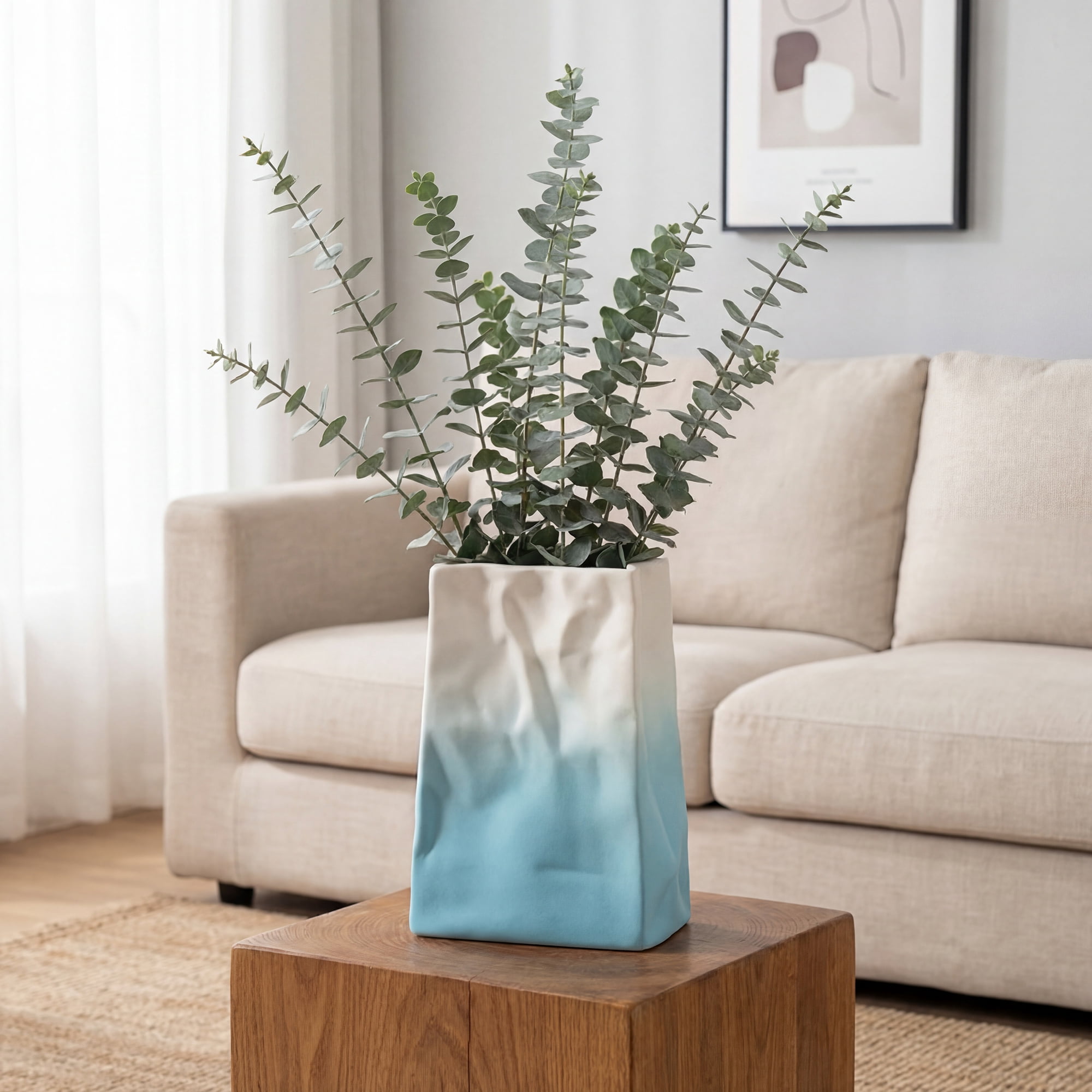 Unique Bargains Ceramic Matte Vase Retro Round Bottle Gradient Blue 5.0" x 2.8" x 6.7"