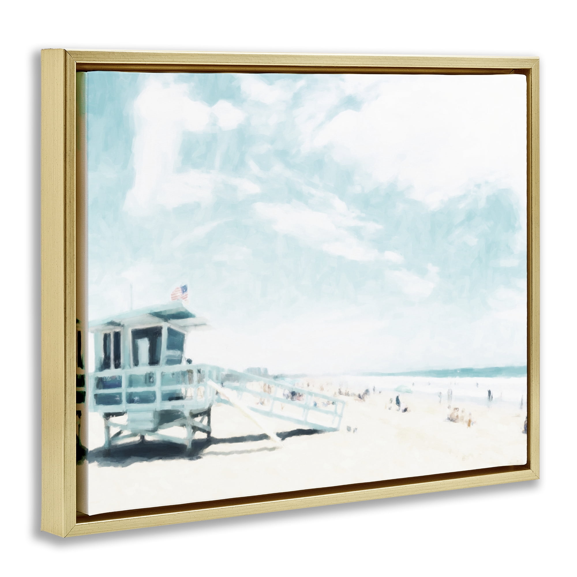 Stupell Industries Blue Beach Station Gold Framed Floater Canvas Wall Art, design by Kim Curinga