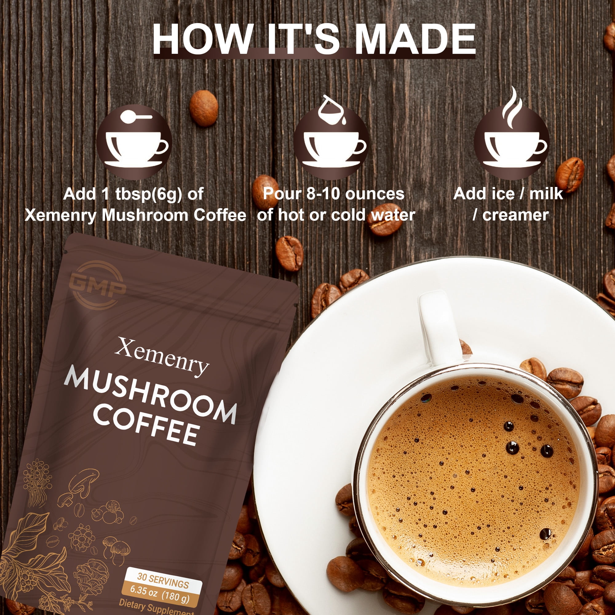 Mushroom Coffee - with 6 Mushrooms Lion’s Mane, Cordyceps, Turkey Tail & Other - for Energy, Focus, Digestion, Immunity - 30 Servings
