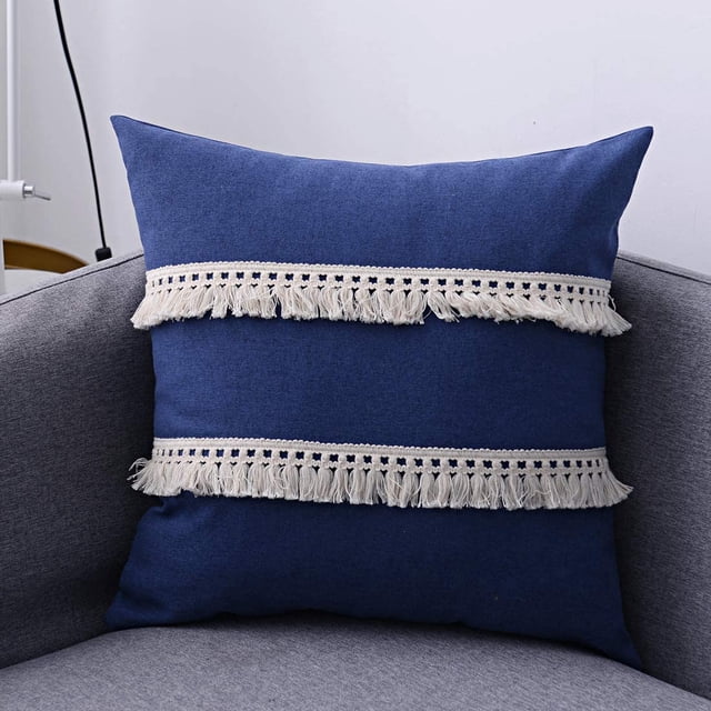 Granjero Gordo Funda de cojín de lino y algodón con decoración de borlas, funda de cojín cuadrada, funda de cojín para sofá (azul marino 01, 18" x 18")