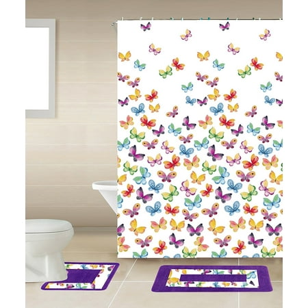 15pc MULTICOLOR BUTTERFLY  Bathroom Set Printed Banded Rubber Backing Rug Bath Mats With Fabric Shower Curtain & Hooks New (Best Bathroom Shower Brands)