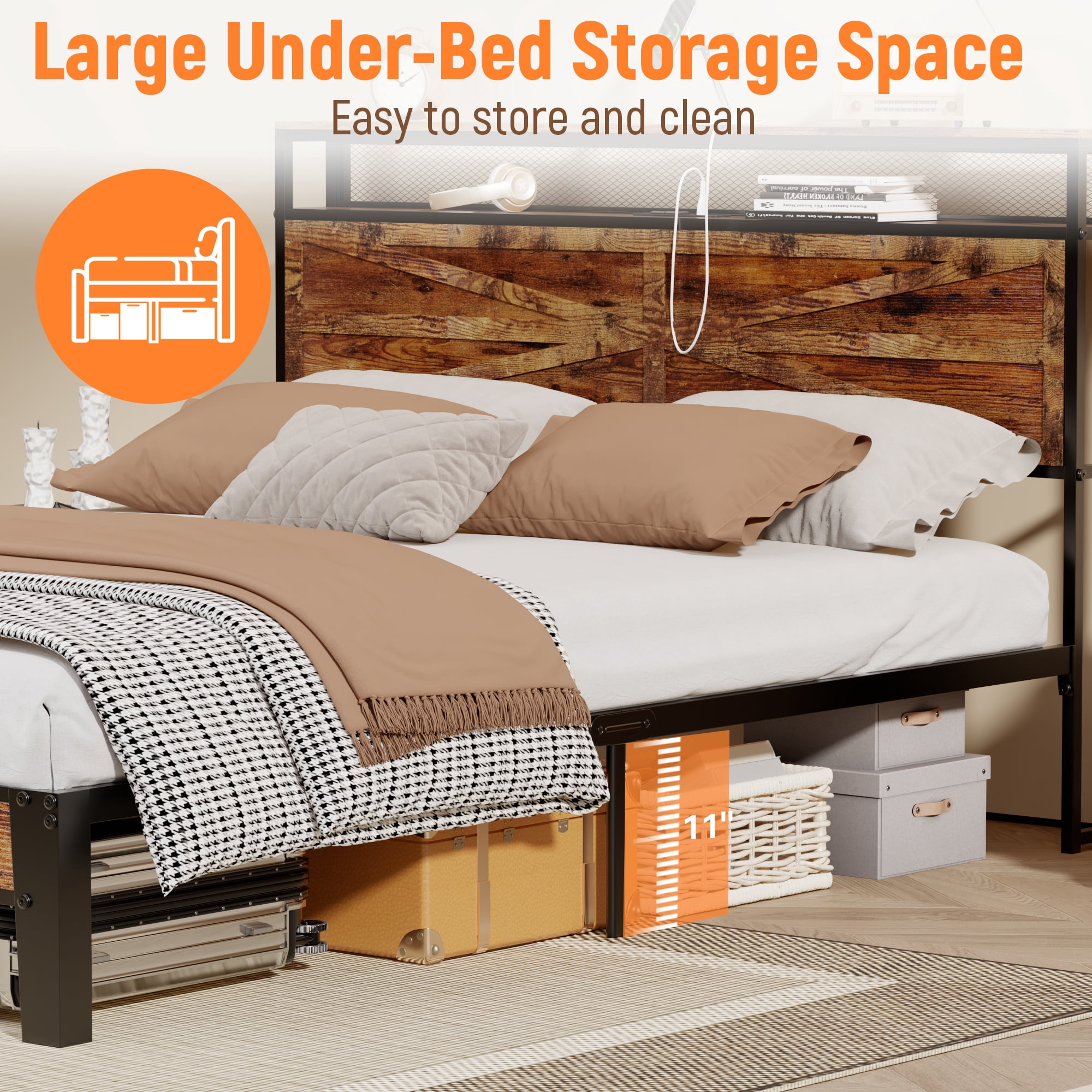BEHOST Twin Bed Frame Heavy Duty Metal Platform with Headboard Shelf USB and Power Outlets Vintage Brown