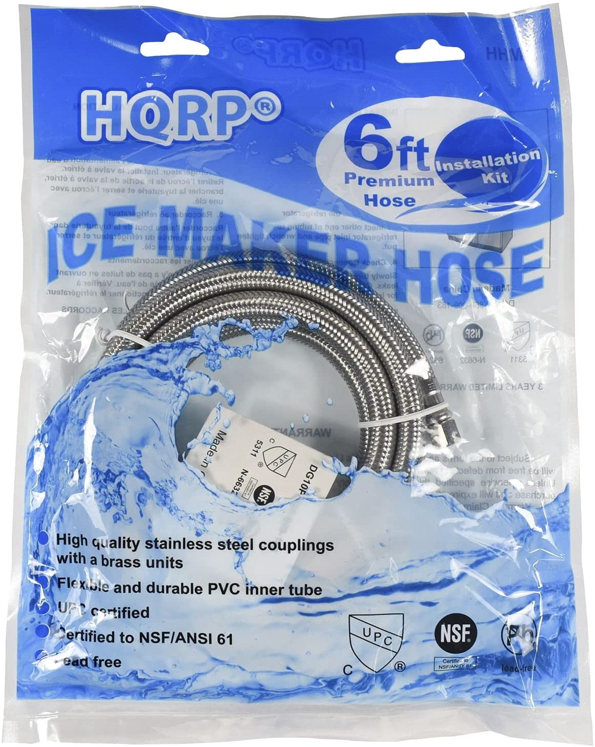 HQRP 2-Pack Universal Premium Braided Stainless Steel Refrigerators/Ice Makers Hoses with 1/4" Comp by 1/4" Comp Connection, 6-ft Burst Proof Water Supply Lines