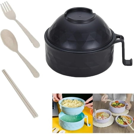 Ramen Noodle Bowl Set, Microwave Ramen Cooker with Chopsticks, Spoon, Phone Holder - Instant Cooking Essentials for College Dorm Room (Black-1pc)