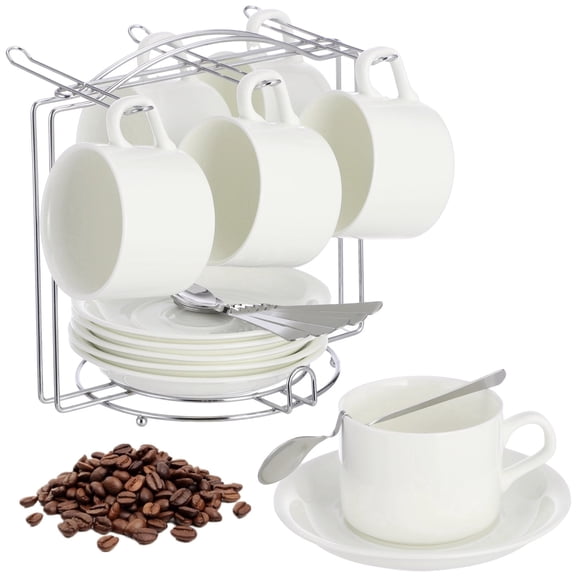 6×150 ml (5.07 oz) Espresso Cups Set, White Ceramic Coffee Cup with Saucer, Spoon and Metal Storage Rack, Tea Cup Set for Home, Cafe