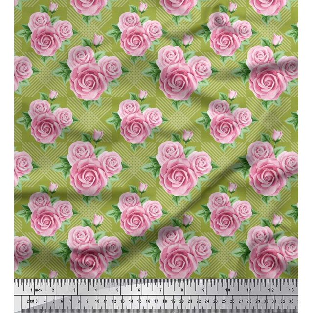 Soimoi Polyester Crepe Fabric Check,Leaves & Rose Floral Print Fabric by Yard 42 Inch Wide