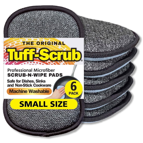 Tuff-Scrub Original Small Microfiber Scrub-N-Wipe Cleaning Sponge Pads, Non-Scratch, Machine Washable, 6-Pack