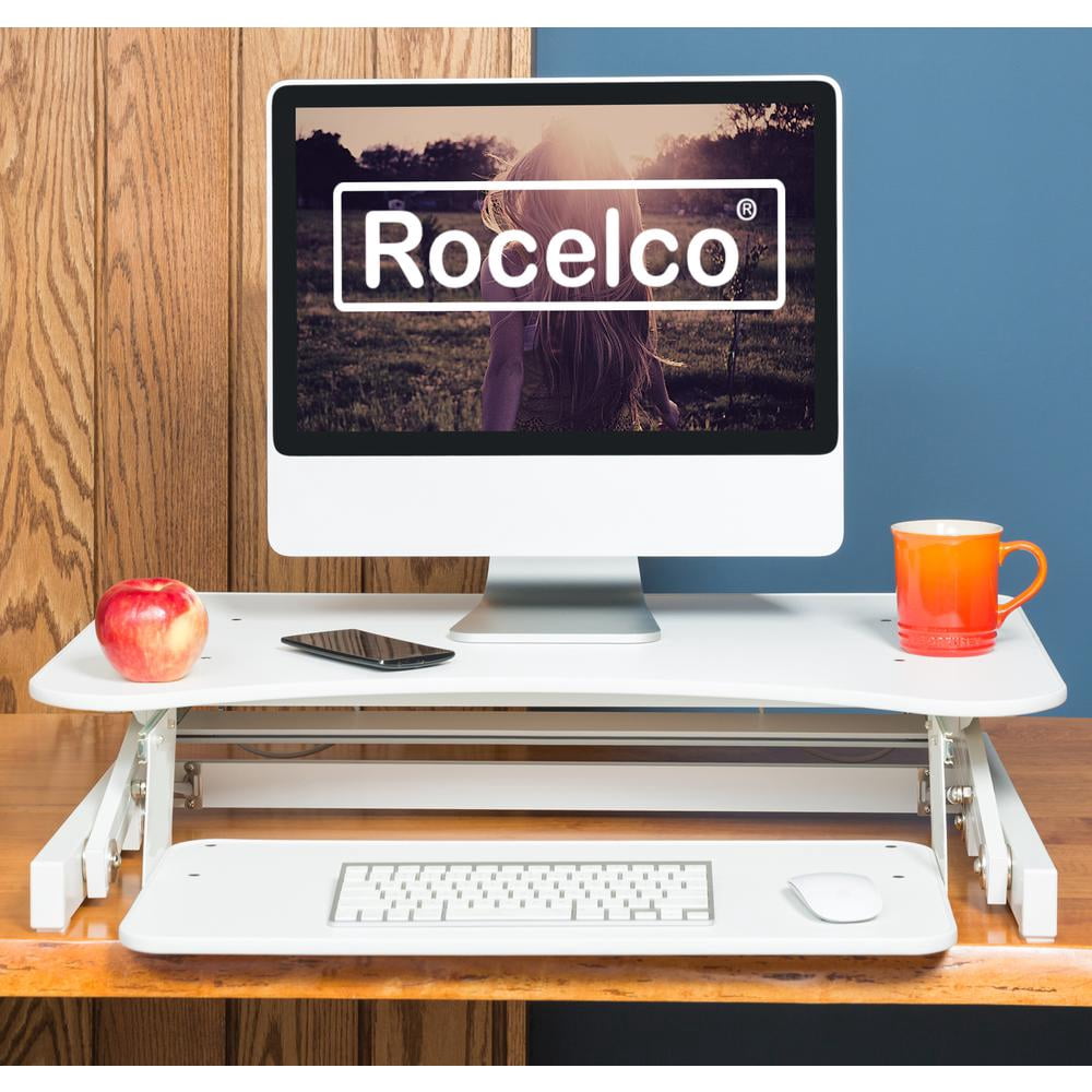 Rocelco Standing Desk Converter 32 Inch Adjustable Height Riser, White
