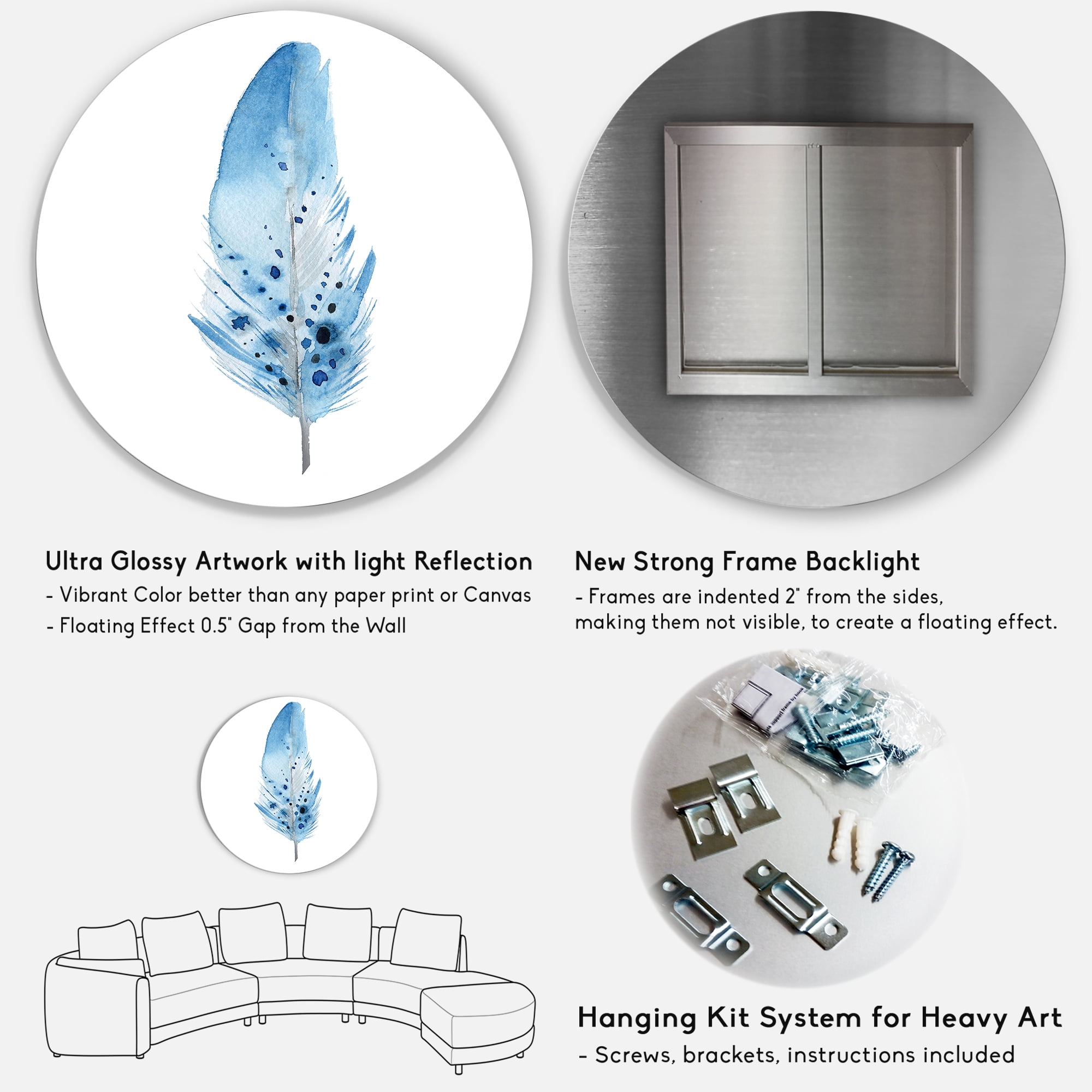 Designart 'Abstract Blue Boho Feathers' Bohemian & Eclectic Circle Metal Wall Art 29x29 - Disc of 29
