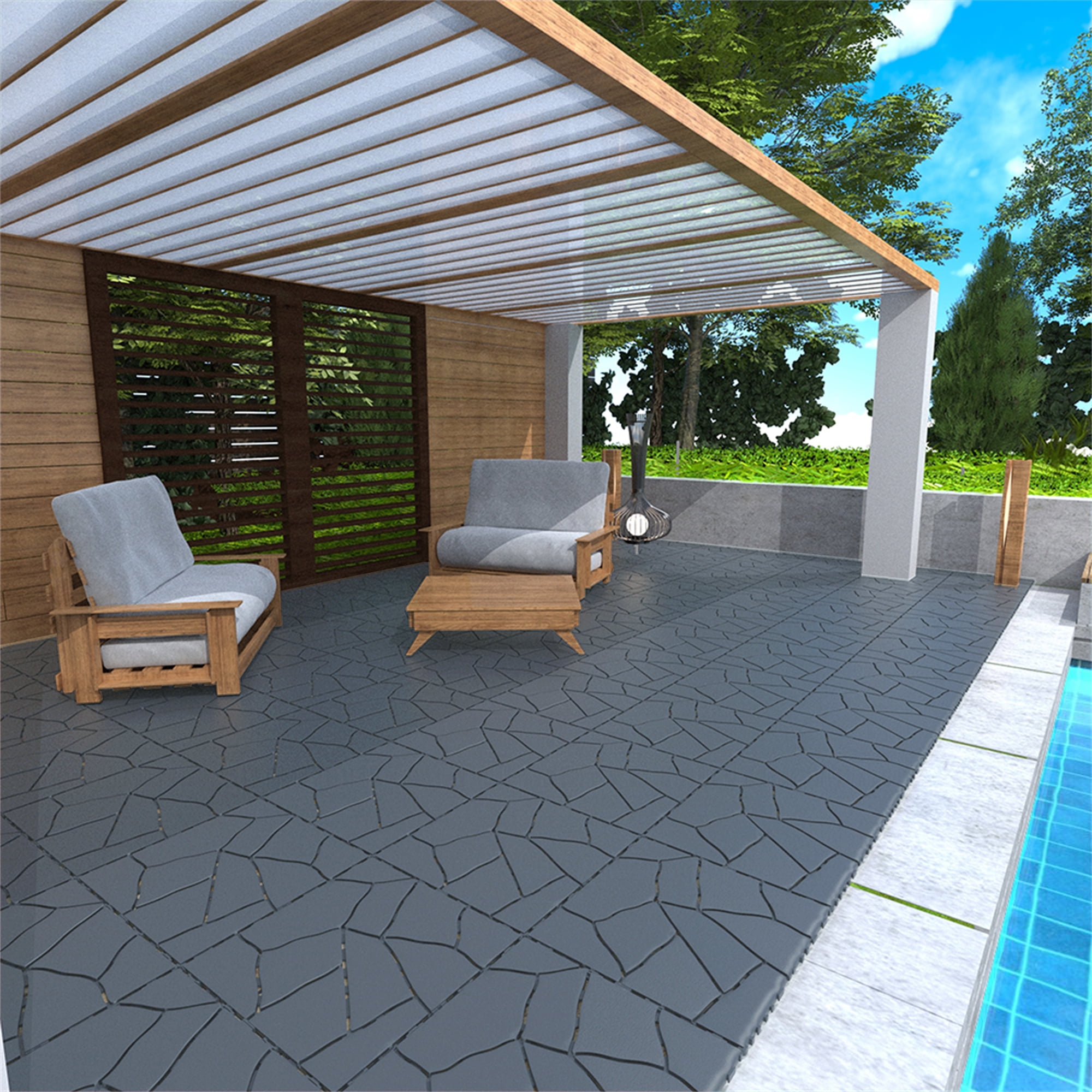 Miniyam 44 Pcs InterlockingDeck Tiles, 12"x 12"Polypropylene, for OutdoorBalcony Garden Gray，Stone Texture