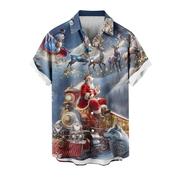 Mens Manga Corta Botón Abajo Camisas, Cuello de Vuelta Navidad Impresa Blusa, Top de Moda Casual