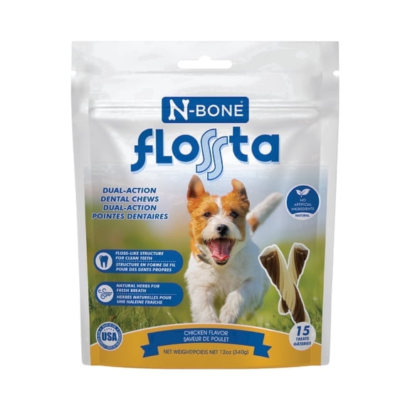 N-Bone FLOSSta® Dual-Action Dental Chews for Dogs, Chicken Flavor Dental Bones, Grain-Free Dog Dental Care, 15 count, 12 oz, Made in Texas