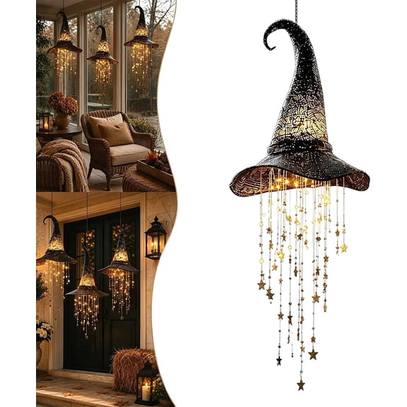 Hanging Witch Hats with Lights - Lighted Black Mesh Witch Hat Chime with Glowing Star Garland for Porch, Tree, Window