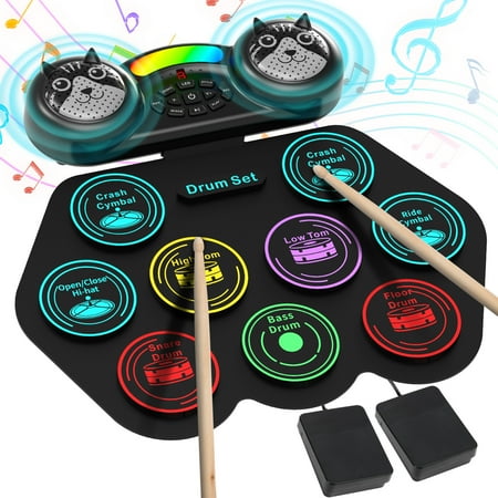 Ficcug Electronic Drum Set for Kids Adults,9 Pads Portable MIDI Roll-up Drum Kit with Dual Speakers / Headset Jack / Drumsticks / Foot Pedals,for Beginners
