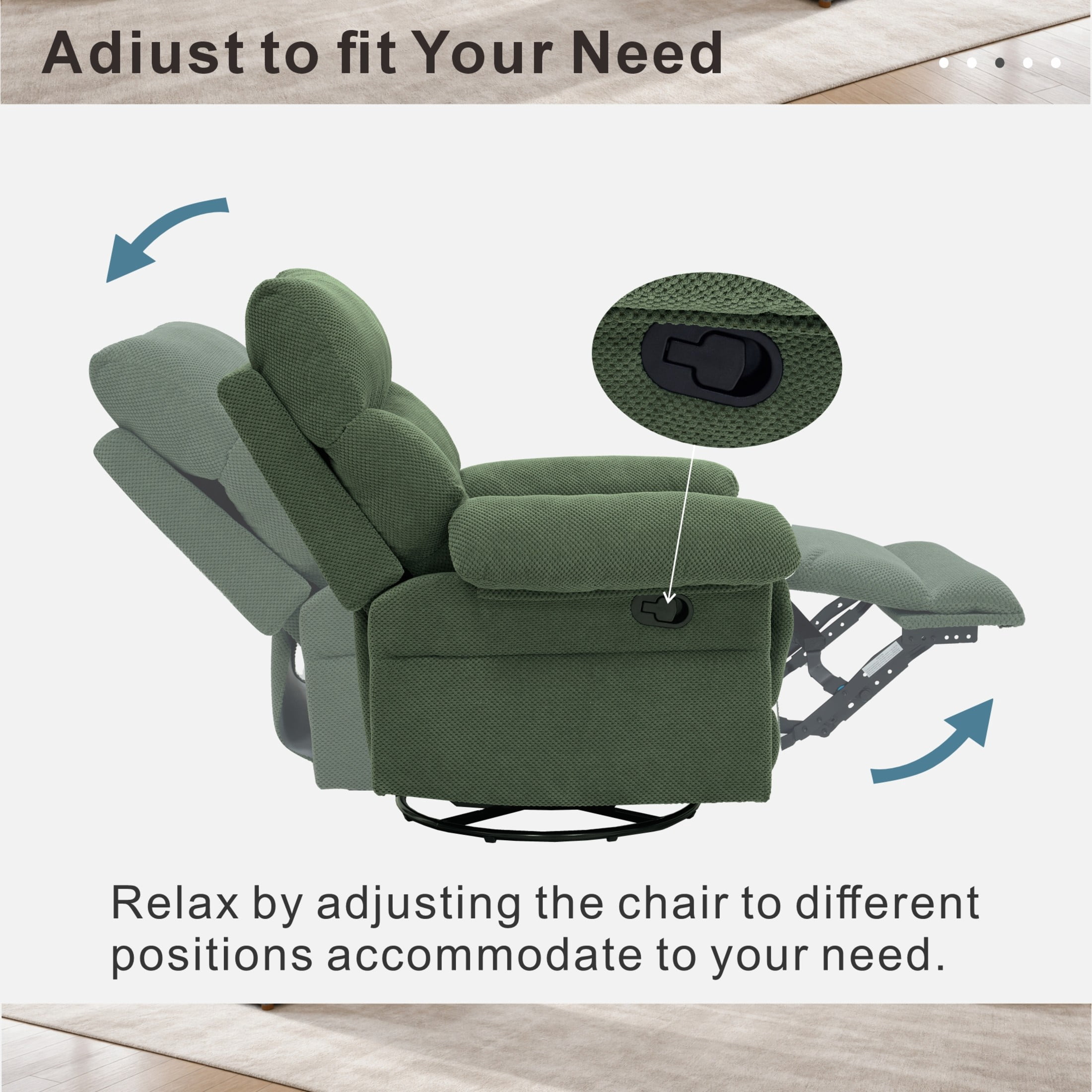 Noble House Modern Swivel Rocker Recliner Chair, Manual Glider Recliner with Textured Fabric, Dark Green